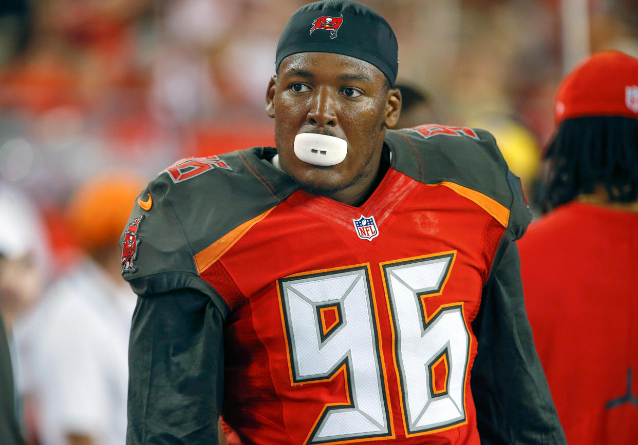 FILE PHOTO:      Nov 27, 2016; Tampa, FL, USA; Tampa Bay Buccaneers defensive end Ryan Russell (96) on the bench during the second half of an NFL football game at Raymond James Stadium. Mandatory Credit: Reinhold Matay-USA TODAY Sports