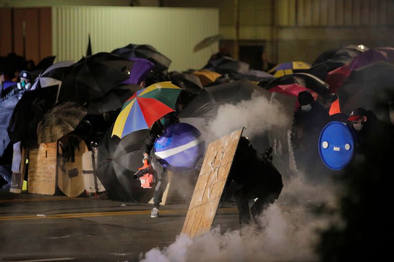 Demonstrators take part in a protest in Rochester, New York