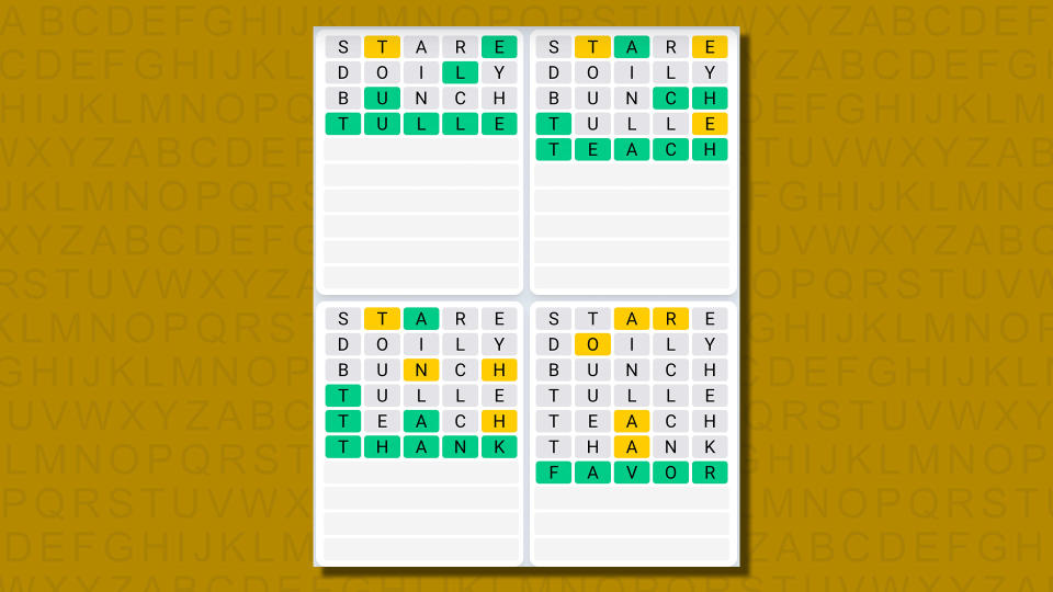 Quordle daily sequence answers for game 656 on a yellow background