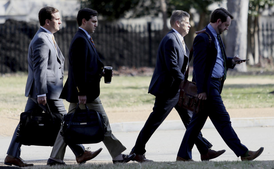 Virginia Speaker of the House Kirk Cox, second from the right, arrives at the Virginia State Capitol, Wednesday, Feb. 6, 2019, in Richmond, Va. (Steve Earley/The Virginian-Pilot via AP)