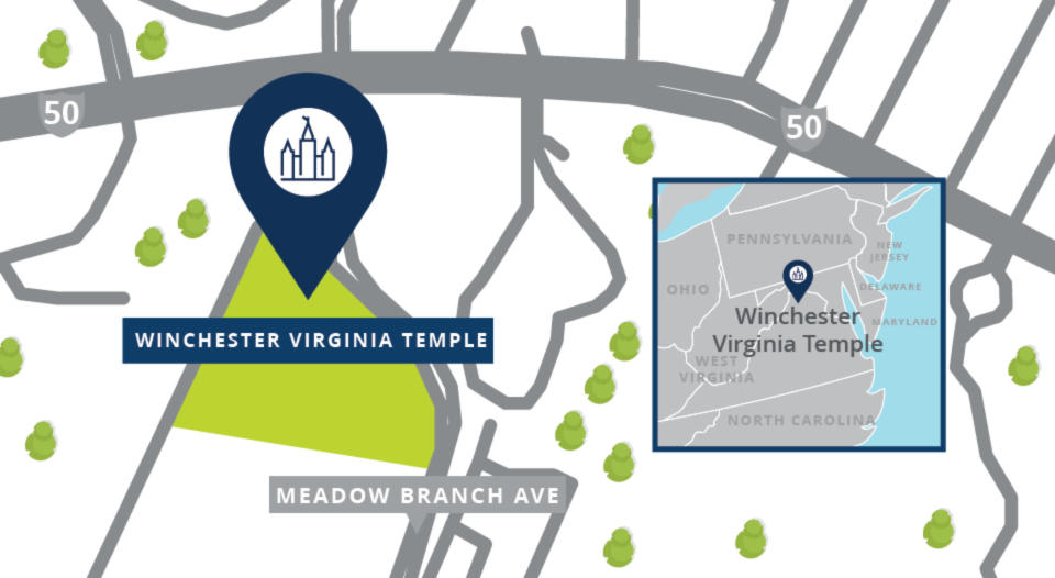 A map shows that a Latter-day Saint temple will be built at 200 Merrimans Lane in Winchester, Virginia.