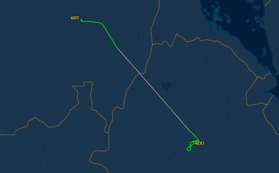 Flight path of the route from Khartoum to Addis Ababa as seen on 15 August when the flight missed landing at the airport (Screengrab/FlightAware)