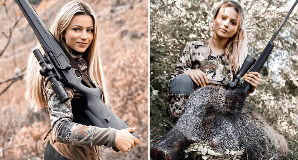 Johanna Clermont, 23, is pictured holding hunting rifles and with a dead boar.