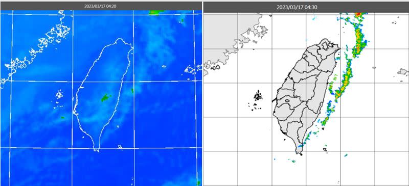 左圖：17日4：20紅外線色調強化雲圖顯示，台灣上空雲層稀疏。