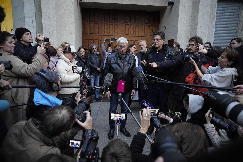 Oleg Orlov, a member of the Board of the International Historical Educational Charitable and Human Rights Society 'Memorial' (International Memorial) speaks to journalists after a court session in Moscow, Russia, Wednesday, Oct. 11, 2023. The court ordered Orlov, co-chair of the Nobel Peace Prize-winning human rights group Memorial, to pay a fine of nearly $1,500 on the charges of "discrediting" the Russian military in his criticism of Russia's campaign in Ukraine. (AP Photo/Alexander Zemlianichenko)