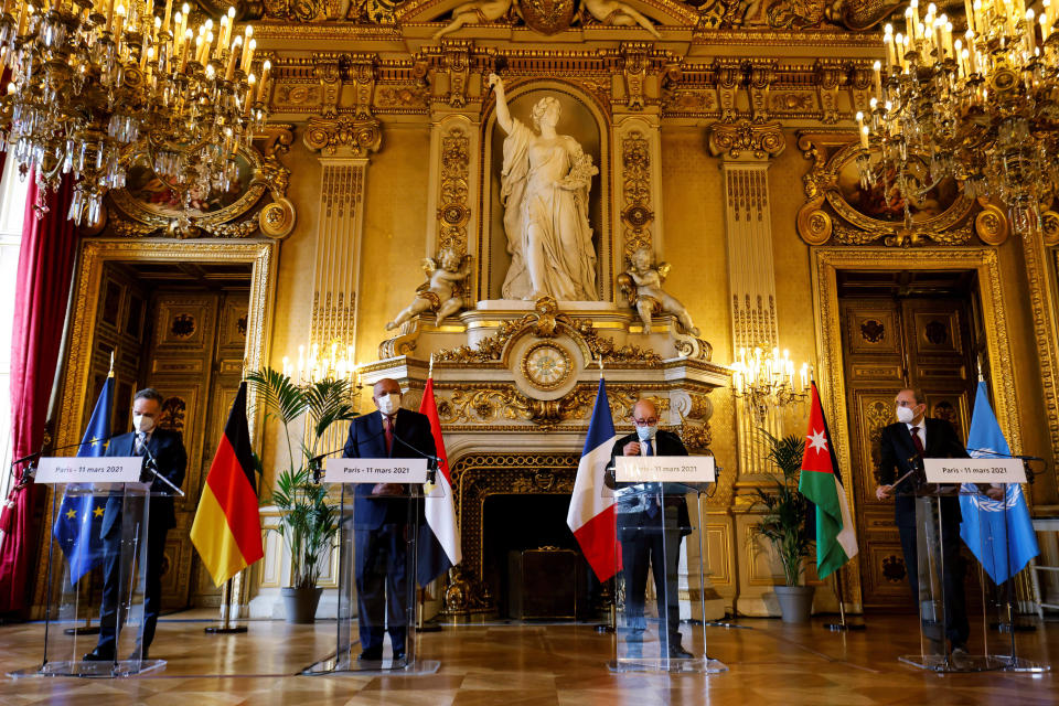 From left to right, German Foreign Minister Heiko Maas, Egyptian Foreign Minister Sameh Shoukry, French Foreign Affairs Minister Jean-Yves Le Drian and Jordanian Foreign Minister Ayman Safadi speak to the media during a press conference in Paris, Thursday, March 11, 2021. The new U.N. special coordinator for the Middle East peace process Tor Wennesland will meet Thursday in Paris with the foreign ministers of Egypt, Jordan, Germany and France to discuss possibilities for building confidence between Israel and the Palestinians. (Ludovic Marin/Pool Photo via AP)