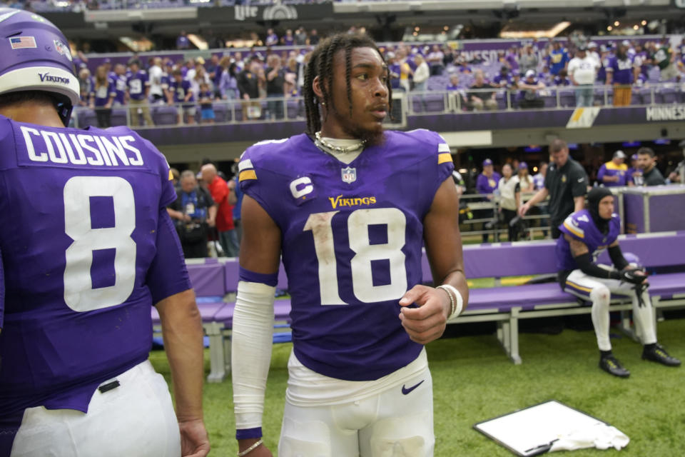 Minnesota Vikings wide receiver Justin Jefferson (18) reacts after an NFL football game against the Los Angeles Chargers, Sunday, Sept. 24, 2023, in Minneapolis. The Chargers won 28-24. (AP Photo/Abbie Parr)