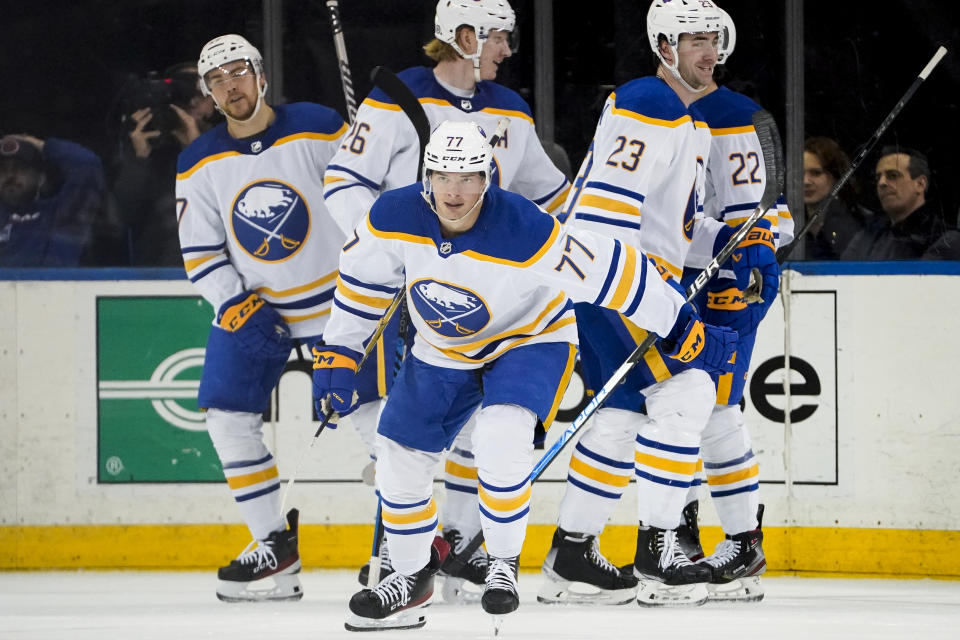 Buffalo Sabres right wing JJ Peterka (77) celebrates after scoring during the first period of an NHL hockey game against the New York Rangers, Monday, April 10, 2023, in New York. (AP Photo/John Minchillo)