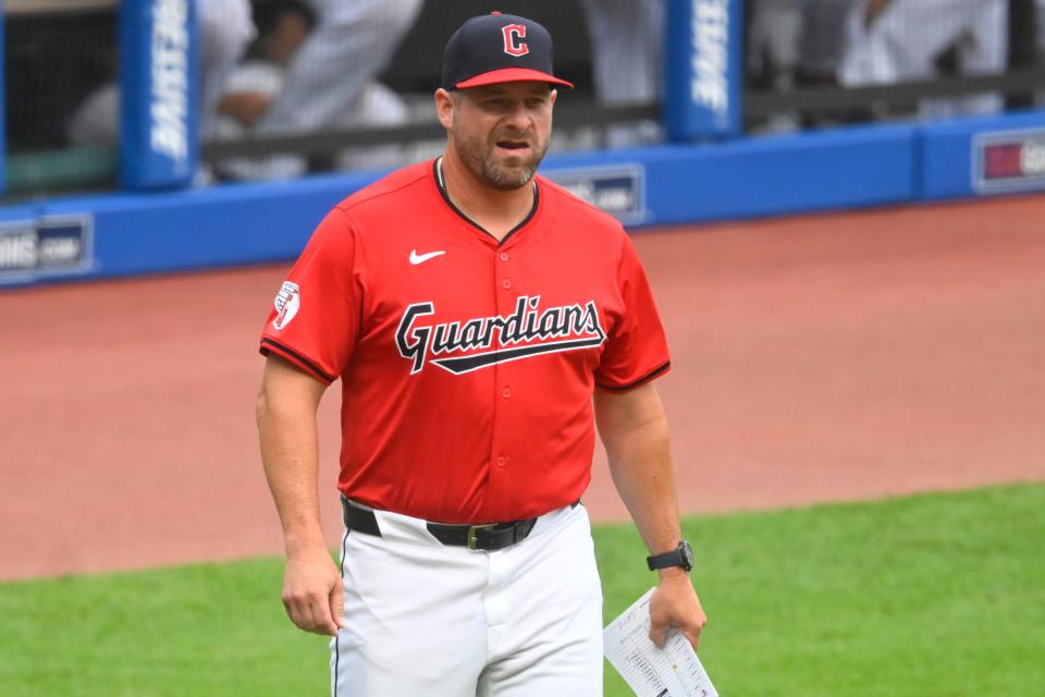 Aug 5, 2024; Cleveland, Ohio, USA; Cleveland Guardians manager Stephen Vogt (12) walks on the field before a game against the Arizona Diamondbacks at Progressive Field. Mandatory Credit: David Richard-USA TODAY Sports