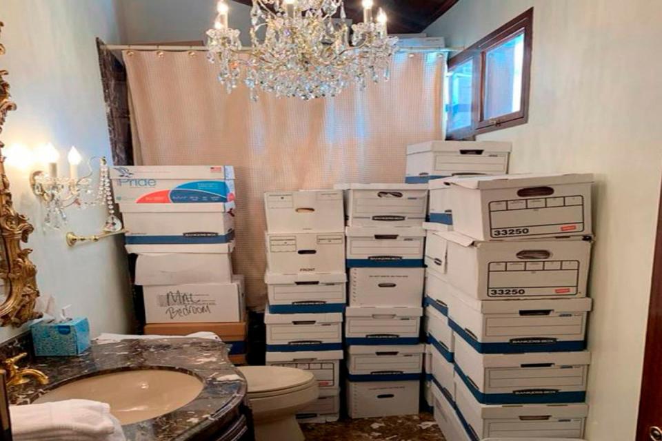 PHOTO: This image, contained in the indictment against former President Donald Trump, shows boxes of records stored in a bathroom and shower in the Lake Room at Trump's Mar-a-Lago estate in Palm Beach, Fla. (Justice Department via AP)