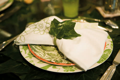 A natural theme gets the right look from Linens made of organic cotton, right, and hand-painted dishes.