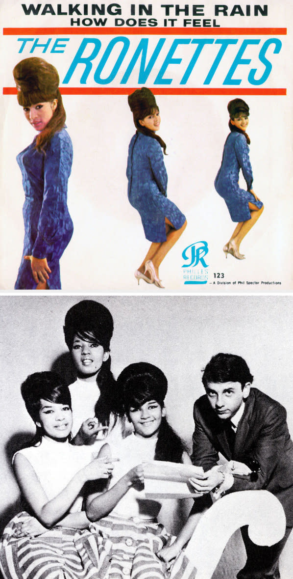 Album cover of the Ronettes' "Walking in the Rain" and "How Does It Feel;" the Ronettes posing with Phil Spector in the 1960s