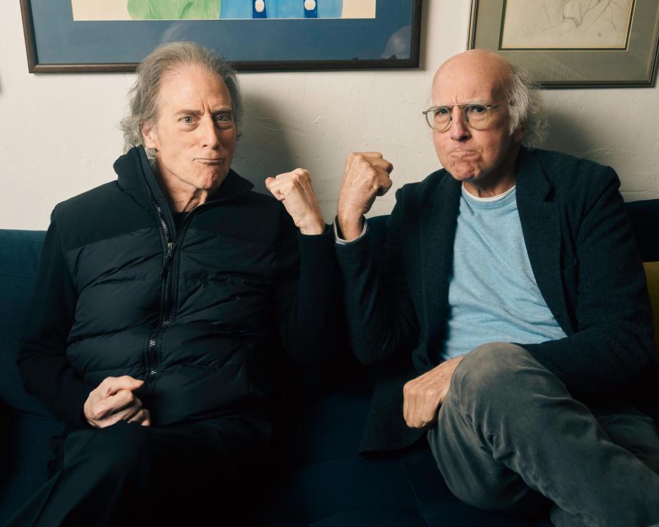 Richard Lewis and Larry David are photographed in John O'Groats diner in Los Angeles, CA .