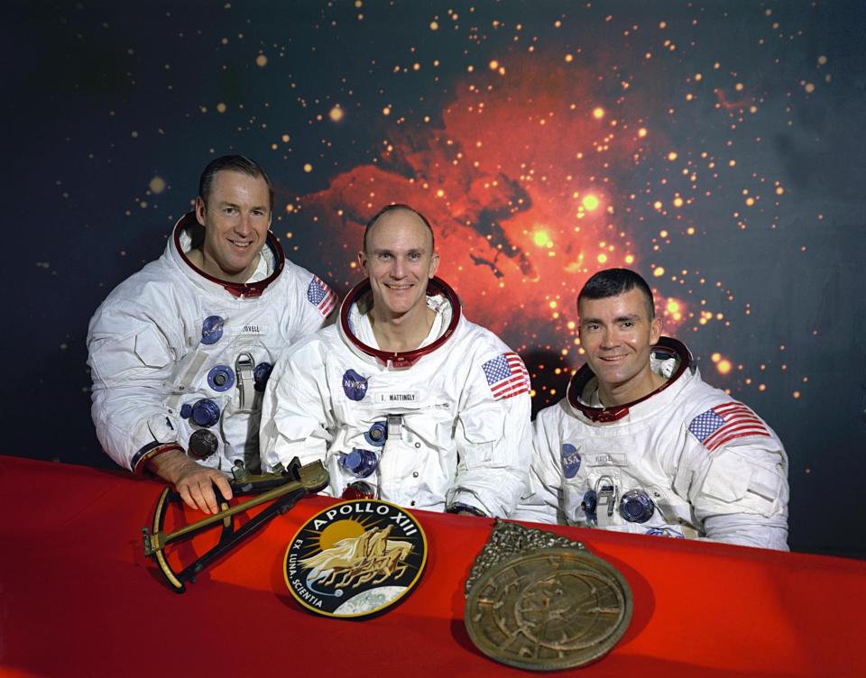 The Apollo 13 crew was supposed to be, from left, James Lovell, Thomas Mattingly and Fred Haise. Mattingly was exposed to German measles before the mission and was replaced by his backup, Jack Swigert.