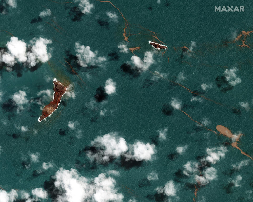FILE - This satellite image provided by Maxar Technologies shows a general view of Hunga Tonga Hunga Ha'apai volcano in Tonga Tuesday, Jan. 18, 2022 after a huge undersea volcanic eruption. Three of Tonga's smaller islands suffered serious damage from tsunami waves, officials and the Red Cross said Wednesday, Jan. 19, 2022, as a wider picture begins to emerge of the damage caused by the eruption of an undersea volcano near the Pacific archipelago nation. (Satellite image ©2022 Maxar Technologies via AP, File)