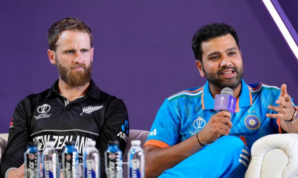 India’s captain Rohit Sharma speaks next to New Zealand’s captain Kane Williamson
