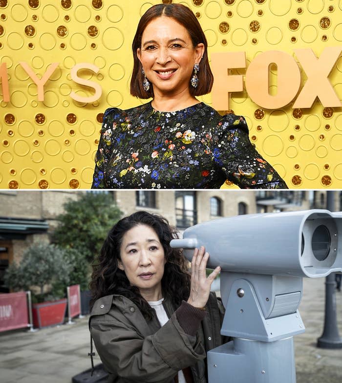 A close-up shot of Maya above a different shot of Sandra Oh starring in Killing Eve