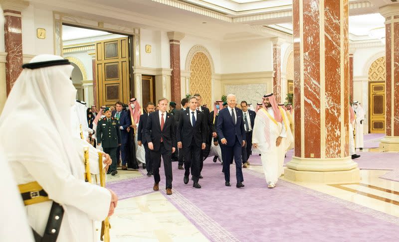 Saudi Crown Prince Mohammed bin Salman receives U.S. President Joe Biden at Al Salman Palace upon his arrival in Jeddah