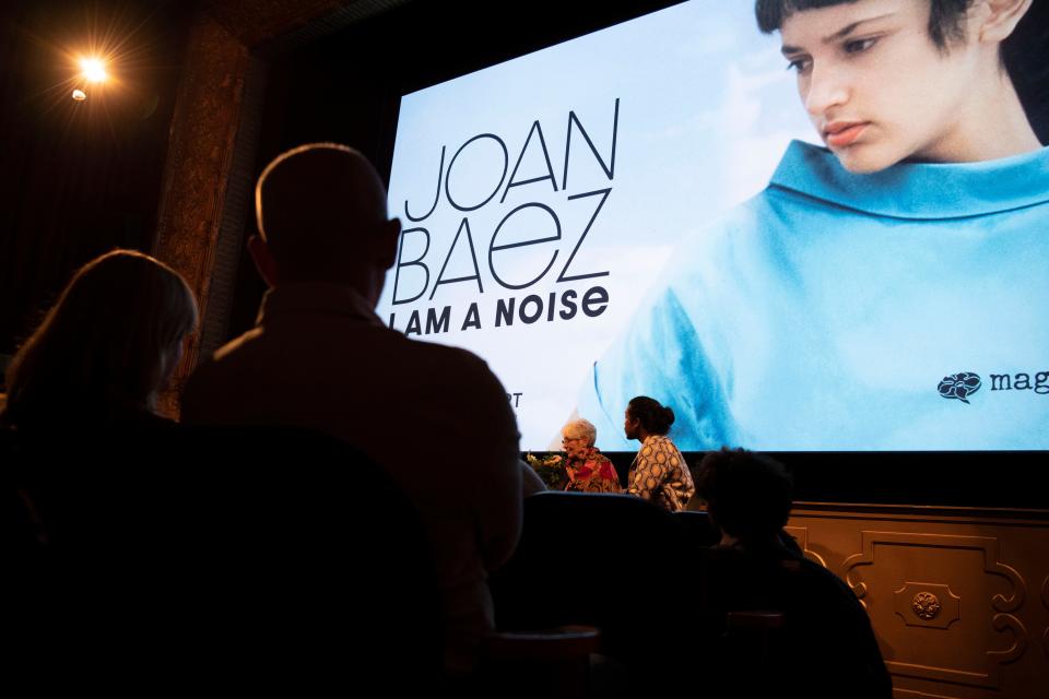 Joan Baez and Rep. Justin Jones D-Nashville, speak following the debut of her new documentary “I Am a Noise” at Belcourt Theater in Nashville , Tenn., Saturday, Oct. 21, 2023.