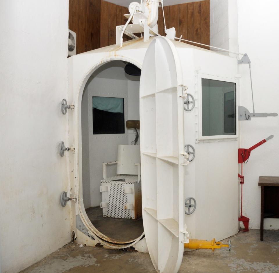 In this May 13, 2011 file photo is the gas chamber at the former Missouri State Penitentiary in Jefferson City that is now a tourist attraction. With lethal-injection drugs in short supply and new questions looming about their effectiveness, lawmakers in some death penalty states are considering bringing back relics of a more gruesome past, including the gas chamber. (AP Photo/The News-Tribune, Julie Smith, File) ORG XMIT: MOJEF501