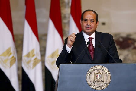 Egypt's President Abdel Fattah al-Sisi speaks to the media after a signing ceremony at the Ittihadiya presidential palace in Cairo, Egypt, in this November 19, 2015 file photo. REUTERS/Amr Abdallah Dalsh/Files