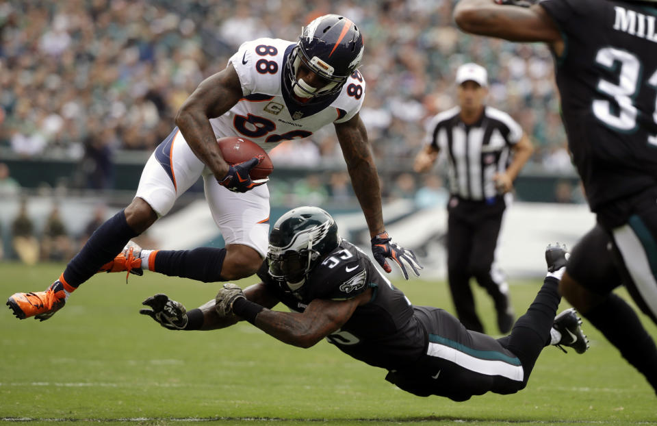 <p>Denver Broncos’ Demaryius Thomas (88) is hit by Philadelphia Eagles’ Nigel Bradham (53) during the first half of an NFL football game, Sunday, Nov. 5, 2017, in Philadelphia. (AP Photo/Matt Rourke) </p>