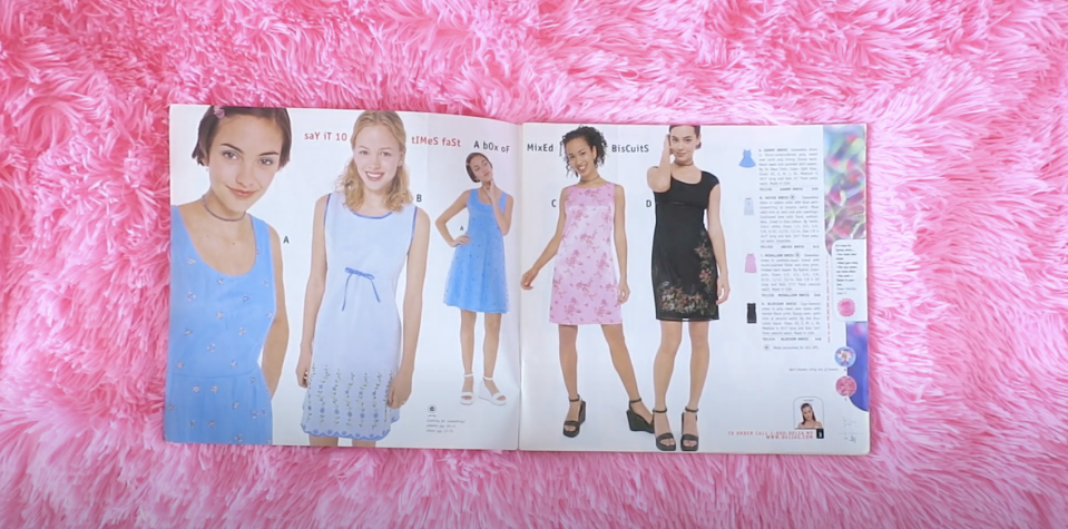 Delia's catalog open to a spread showing young women in short dresses