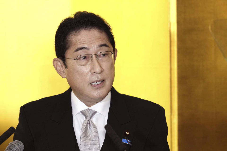 Japanese Prime Minister Fumio Kishida speaks during his New Year's press conference in Ise, central Japan Wednesday, Jan. 4, 2023. (Kyodo News via AP)