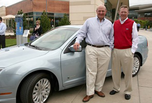 Microsoft's Steve Ballmer is one of the world's richest men but went for a fairly modest car. He's seen here with the CEO of Ford, taking possession of the <b>Hybrid Fusion</b>. The car retails for about $19,000--well within the budget for a new family car.<br><br><i>Information via Reuters.</i>