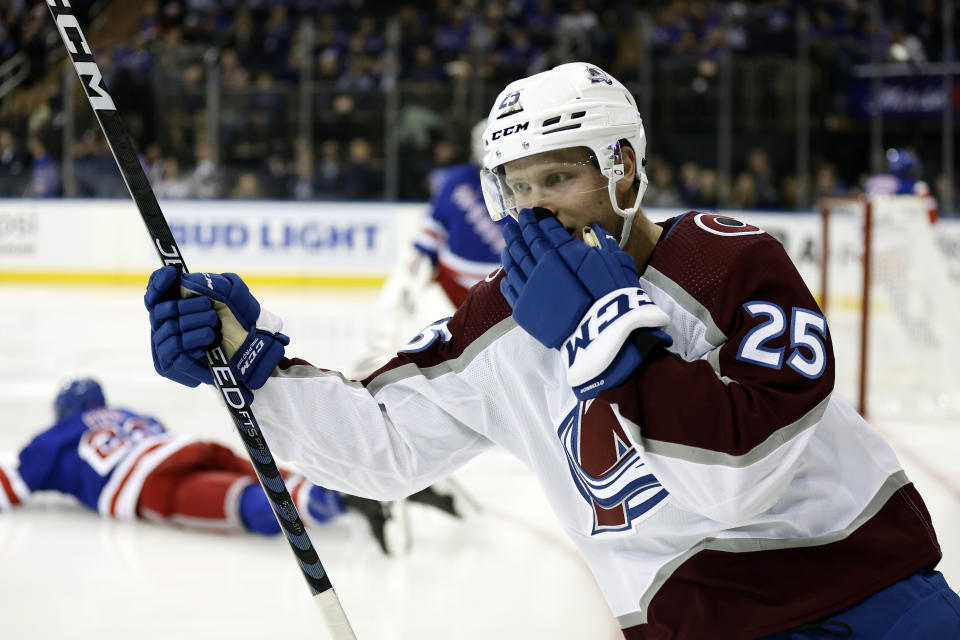 Colorado Avalanche right wing Logan O'Connor reacts after scoring a goal against the New York Rangers in the third period of an NHL hockey game Tuesday, Oct. 25, 2022, in New York. The Avalanche won 3-2 in a shootout. (AP Photo/Adam Hunger)