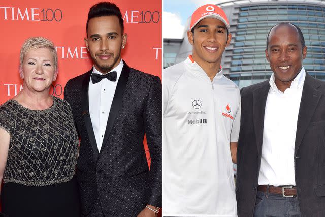 <p>Dimitrios Kambouris/Getty ; Jon Furniss/WireImage</p> Lewis Hamilton with his parents, Anthony Hamilton and Carmen Larbalestier