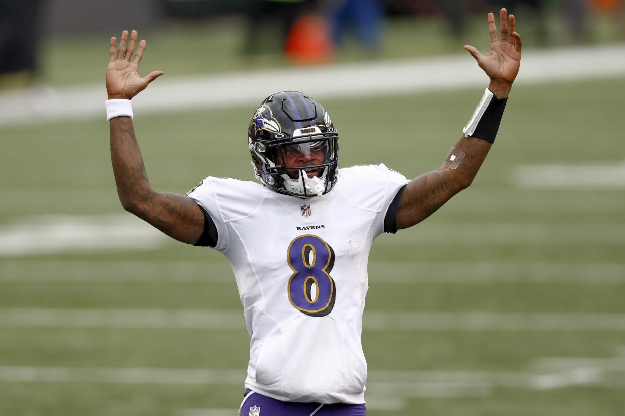 Baltimore Ravens quarterback Lamar Jackson (8) will be on 