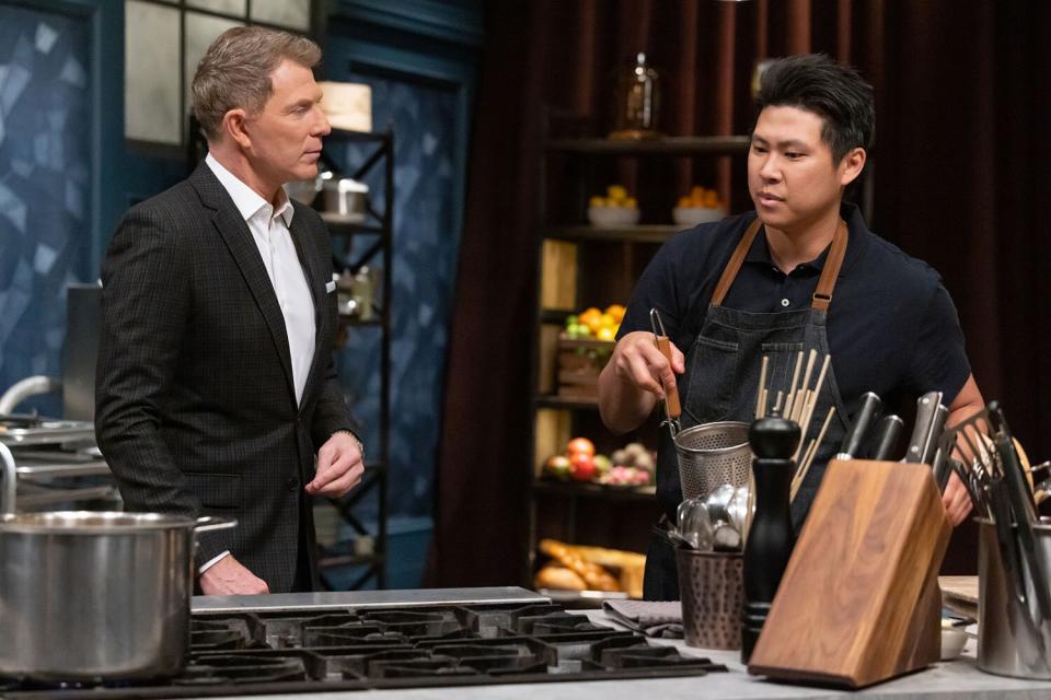 Host Bobby Flay and Chef Kevin Tien in round 1, as seen on Bobby's Triple Threat, Season 1