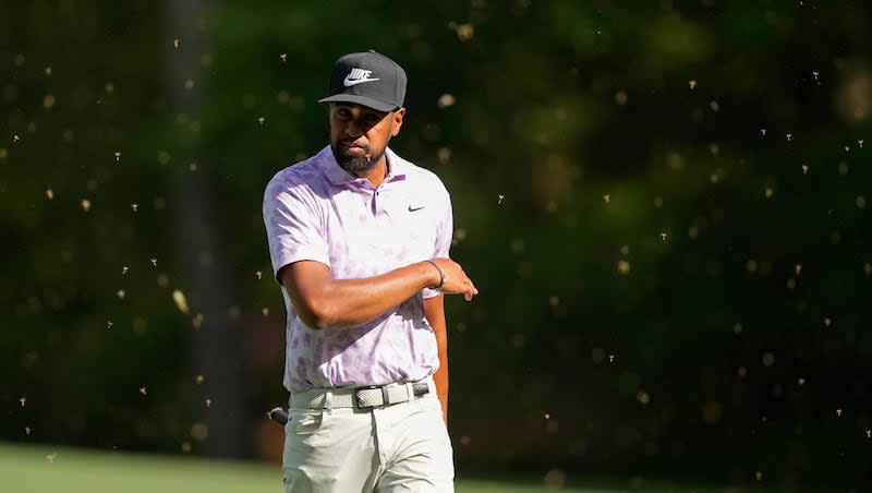 Tony Finau walks to the green on the 15th hole during second round at the Masters golf tournament at Augusta National Golf Club Friday, April 12, 2024, in Augusta, Ga. (AP Photo/David J. Phillip)