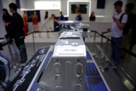 A lithium battery pack is seen at a Lexus booth during the Auto China 2016 auto show in Beijing, China, April 29, 2016. REUTERS/Damir Sagolj/File Photo