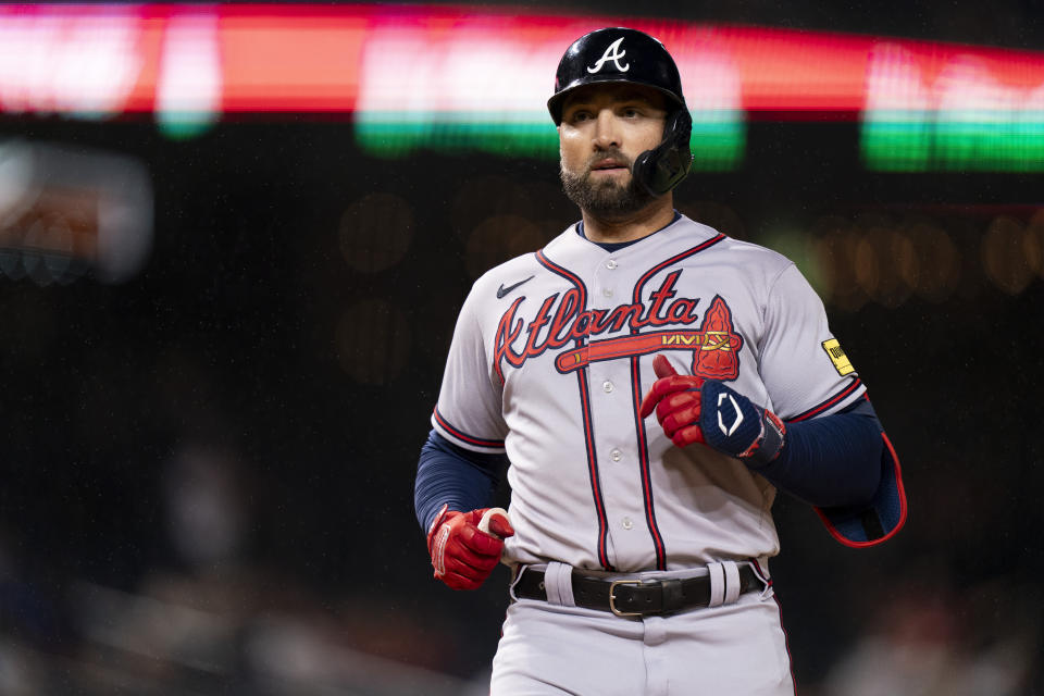 Atlanta Braves' Kevin Pillar crosses home base after hitting a two-run home run during the fourth inning of the second game of a baseball doubleheader against the Washington Nationals, Sunday, Sept. 24, 2023, in Washington. (AP Photo/Stephanie Scarbrough)