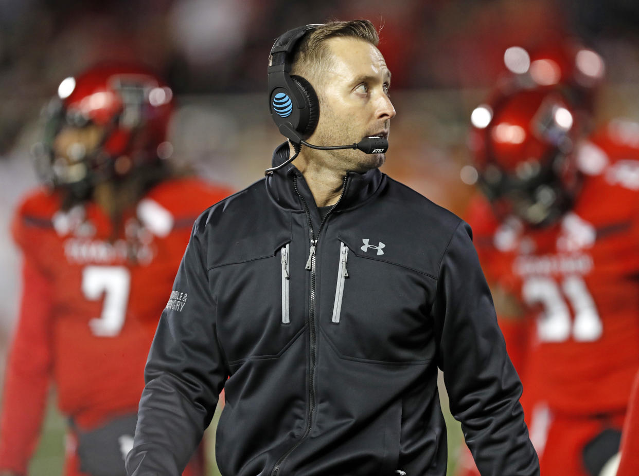 Texas Tech Kliff Kingsbury walks off the field during the first half of an NCAA college football game against Texas, Saturday, Nov. 10, 2018, in Lubbock, Texas. (AP Photo/Brad Tollefson)