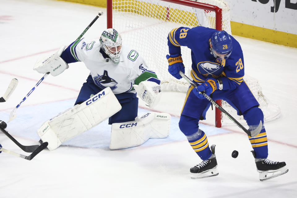 Vancouver Canucks goaltender Thatcher Demko (35) stops Buffalo Sabres left wing Zemgus Girgensons (28) during the third period of an NHL hockey game Saturday, Jan. 13, 2024, in Buffalo, N.Y. (AP Photo/Jeffrey T. Barnes)