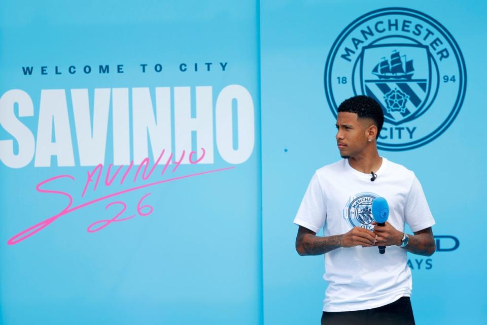 Savinho was presented at the Etihad Stadium on Sunday (Getty Images)