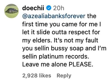 Social media screenshot of a celebrity, Doechii, replying to another, Azealia Banks, with a humorous yet dismissive comment