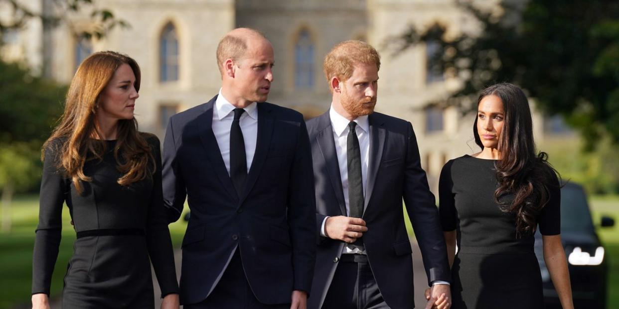 the prince and princess of wales accompanied by the duke and duchess of sussex greet wellwishers outside windsor castle