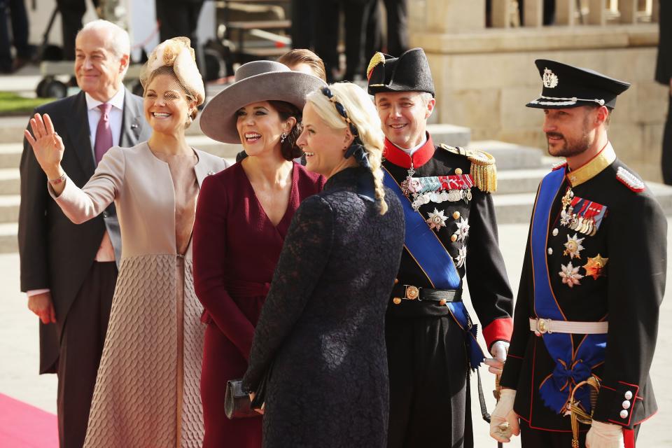 LUXEMBOURG - OCTOBER 20: Princess Victoria of Sweden, Princess Mary of Denmark, Princess Mette Marit of Norway and Prince Haakon of Norway attend the wedding ceremony of Prince Guillaume Of Luxembourg and Princess Stephanie of Luxembourg at the Cathedral of our Lady of Luxembourg on October 20, 2012 in Luxembourg, Luxembourg. The 30-year-old hereditary Grand Duke of Luxembourg is the last hereditary Prince in Europe to get married, marrying his 28-year old Belgian Countess bride in a lavish 2-day ceremony. (Photo by Sean Gallup/Getty Images)