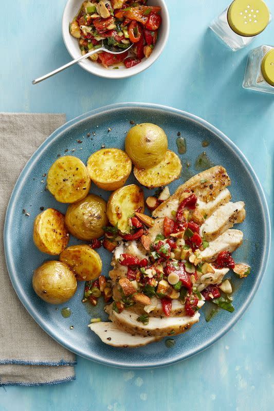 Roasted Chicken and Garlic Potatoes with Red Pepper Relish