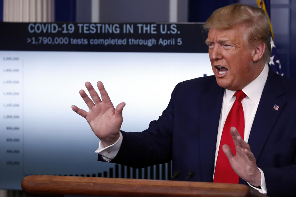 President Donald Trump speaks about the coronavirus in the James Brady Press Briefing Room of the White House, Monday, April 6, 2020, in Washington. (AP Photo/Alex Brandon)