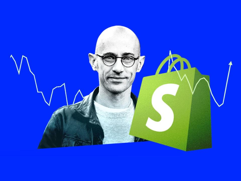Photo collage featuring Tobi Lütke, CEO of Shopify, Shopify logo, and upward trending stock line
