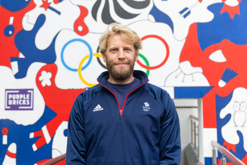 Triple Olympic champion Andrew Triggs Hodge at the unveiling of a specially commissioned mural, one of 10 unique walls of art that will be appearing across the country to inspire home support for Team GB at games this summer, courtesy of Purplebricks home support campaign.