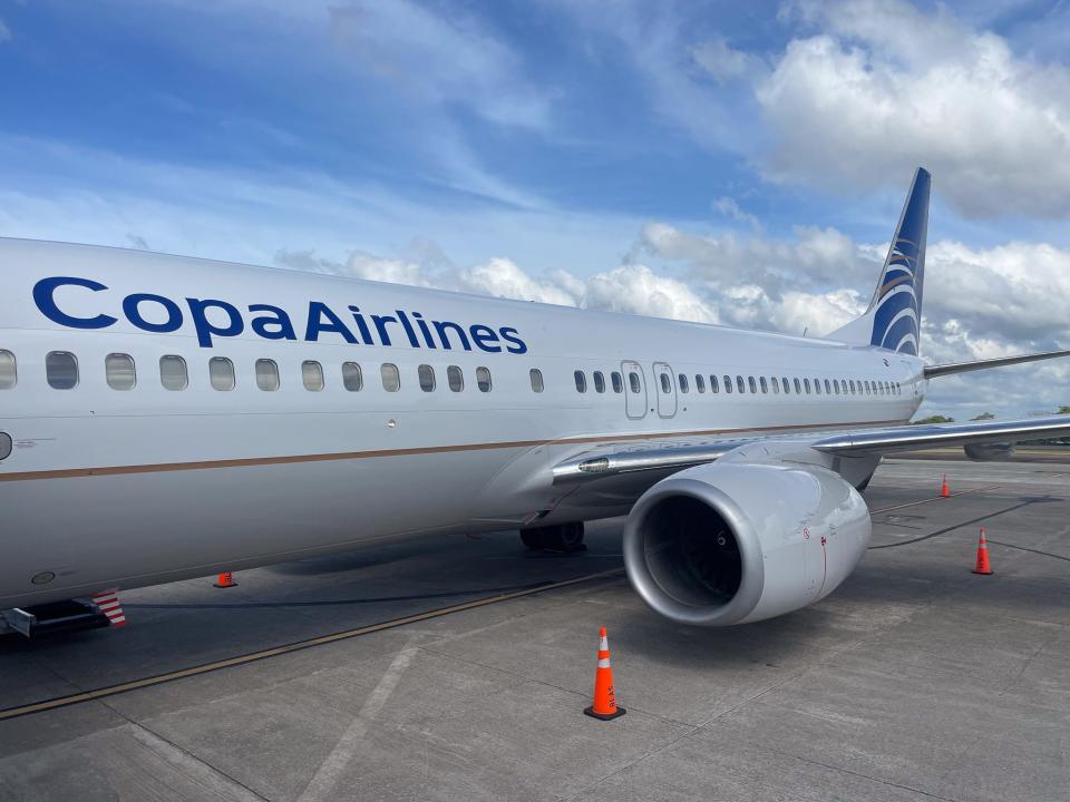 The exterior of the Copa Airlines plane.