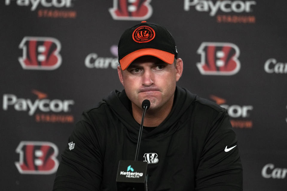 Cincinnati Bengals head coach Zac Taylor speaks during a news conference following an NFL football game against the Los Angeles Rams Monday, Sept. 25, 2023, in Cincinnati. The Bengals won 19-16. (AP Photo/Michael Conroy)