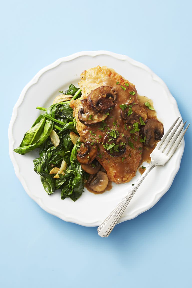 <p>This old-school recipe is classic for a reason, and our lightened-up version comes together in just 30 minutes.</p><p>Get the <a href="https://www.goodhousekeeping.com/food-recipes/easy/a47886/chicken-marsala-recipe/" rel="nofollow noopener" target="_blank" data-ylk="slk:Chicken Marsala recipe;elm:context_link;itc:0;sec:content-canvas" class="link "><strong>Chicken Marsala recipe</strong></a><em>.</em></p>