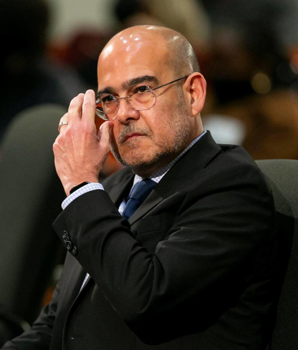 Candidate for Miami-Dade Public Schools Superintendent Jose Dotres participates in a public interview at the school board’s headquarters in downtown Miami, Florida on Monday, January 24, 2022. Dotres, deputy superintendent of Collier County Public Schools, is one of three finalist applying for the position of superintendent.